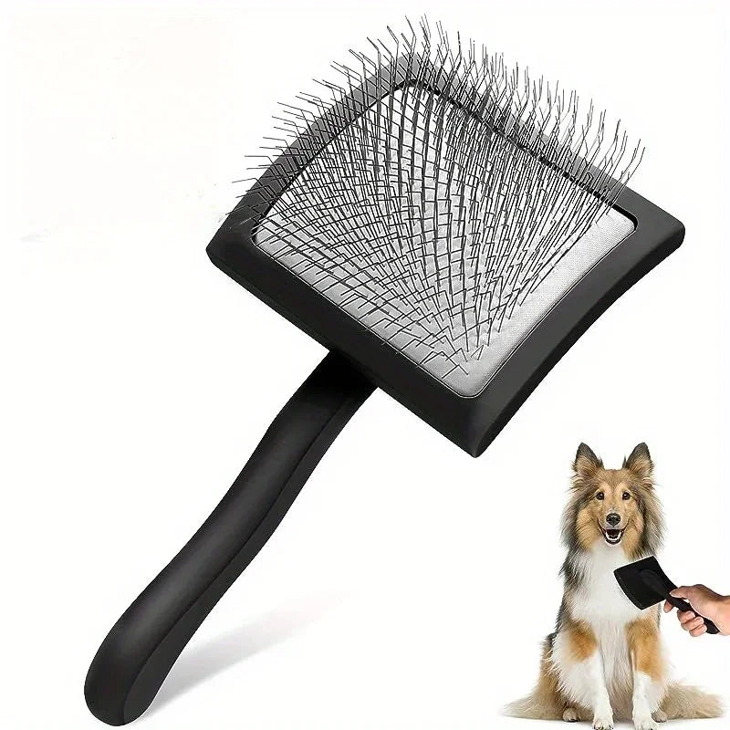 A black extra-long pin dog slicker brush with a metal comb is shown next to a dog.
