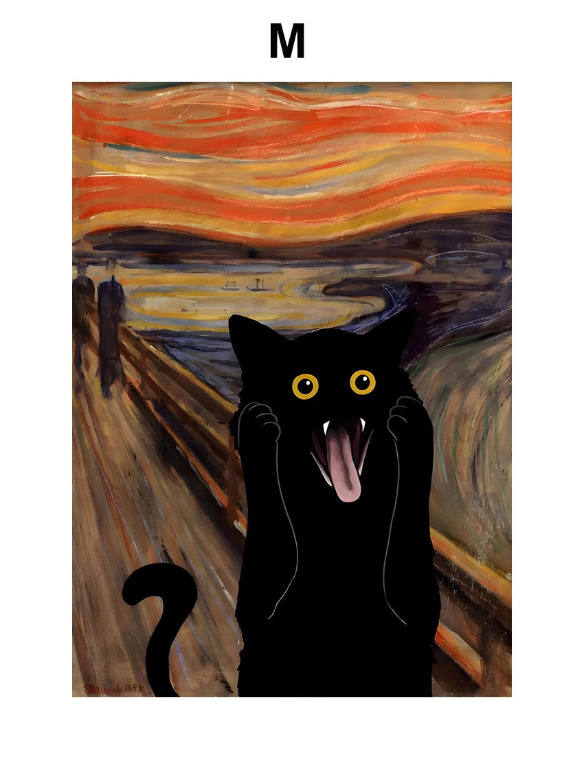 A dark silhouette of a cat with glowing yellow eyes against an orange and yellow sunset background.