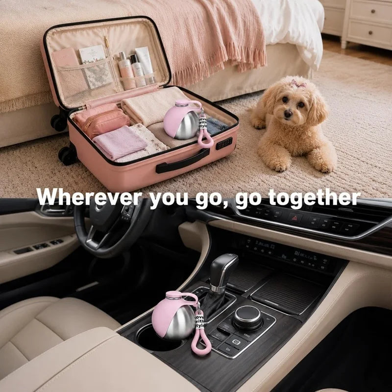 A pink portable stainless steel dog water bottle with a built-in bowl resting on a beige carpet.
