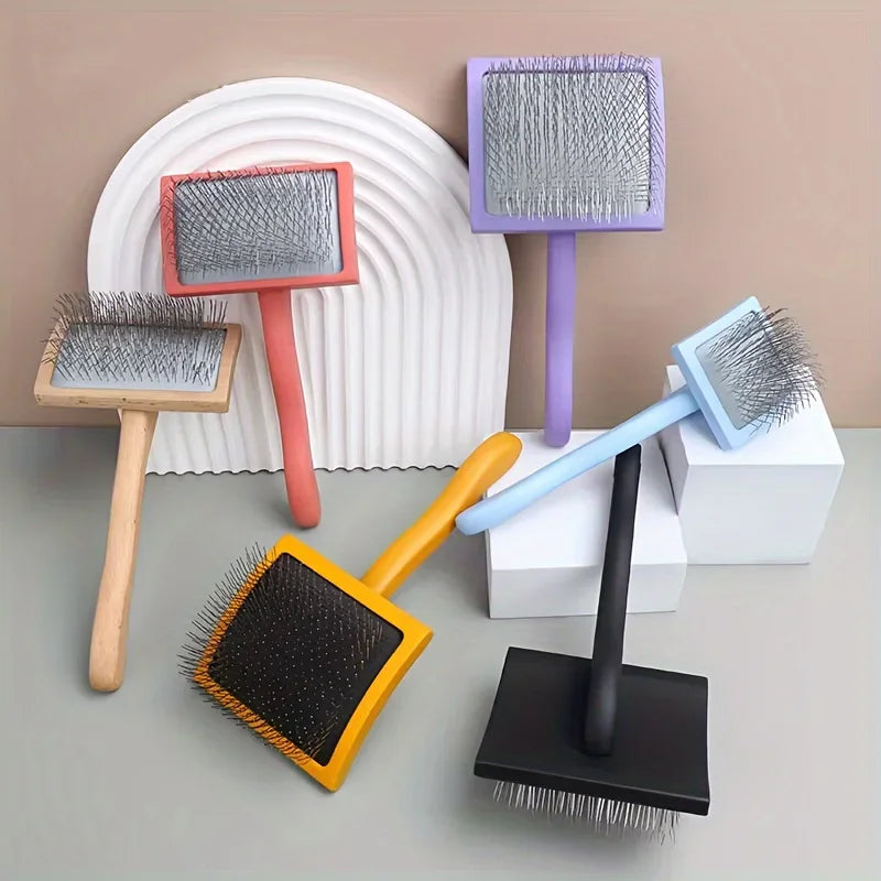 A collection of various grooming brushes including a pink, purple, and blue pin dog slicker brush and a black flat brush.