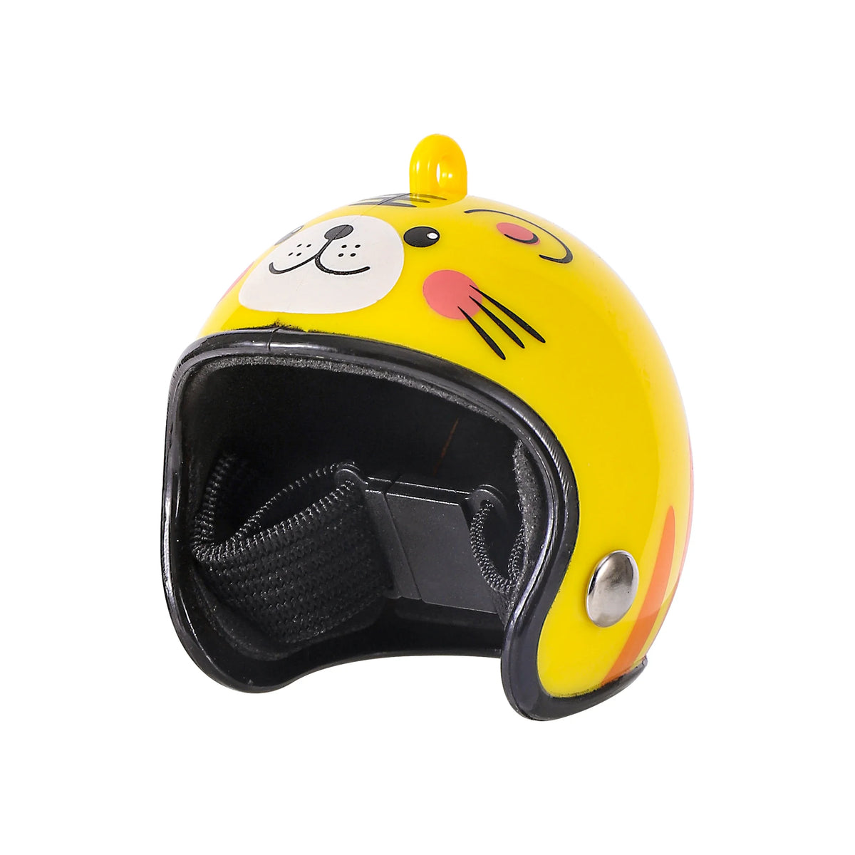A yellow bird safety helmet with a black interior and a yellow beak design.