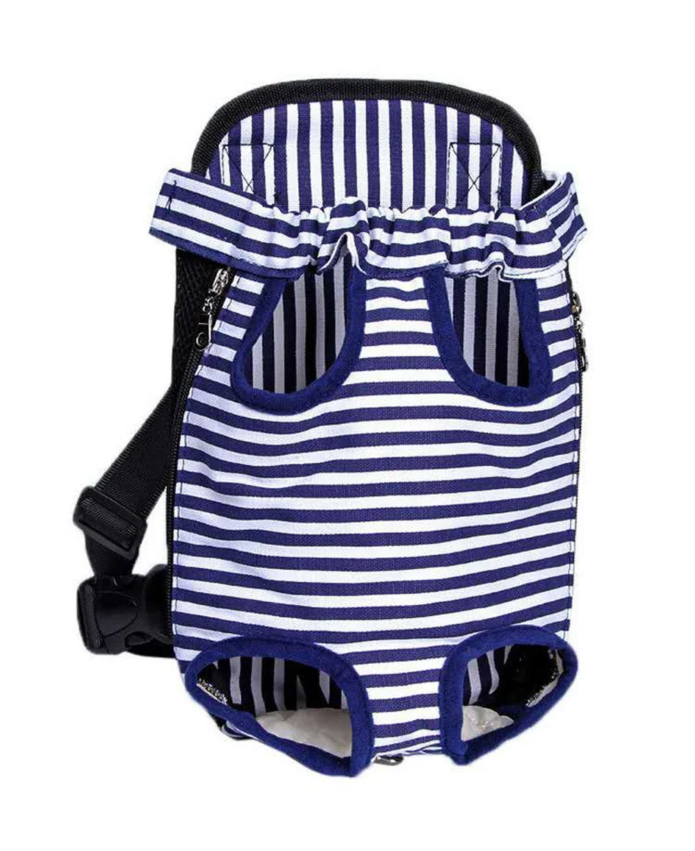 A navy blue and white striped dog carrier backpack with a padded top and open bottom.