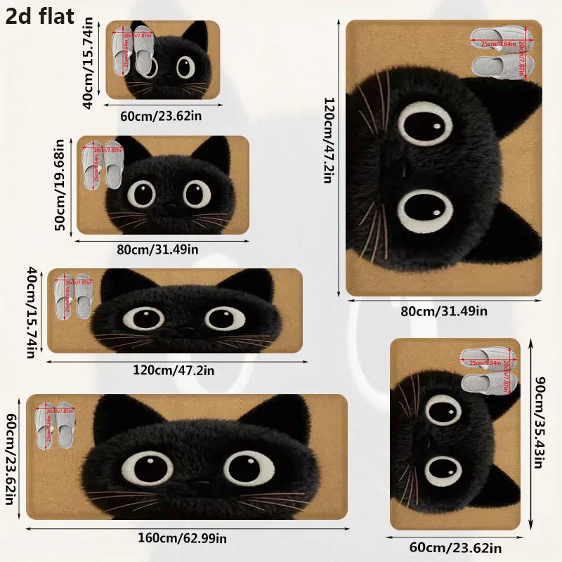 A set of black cat-themed bathroom mats in various sizes and designs for different areas.