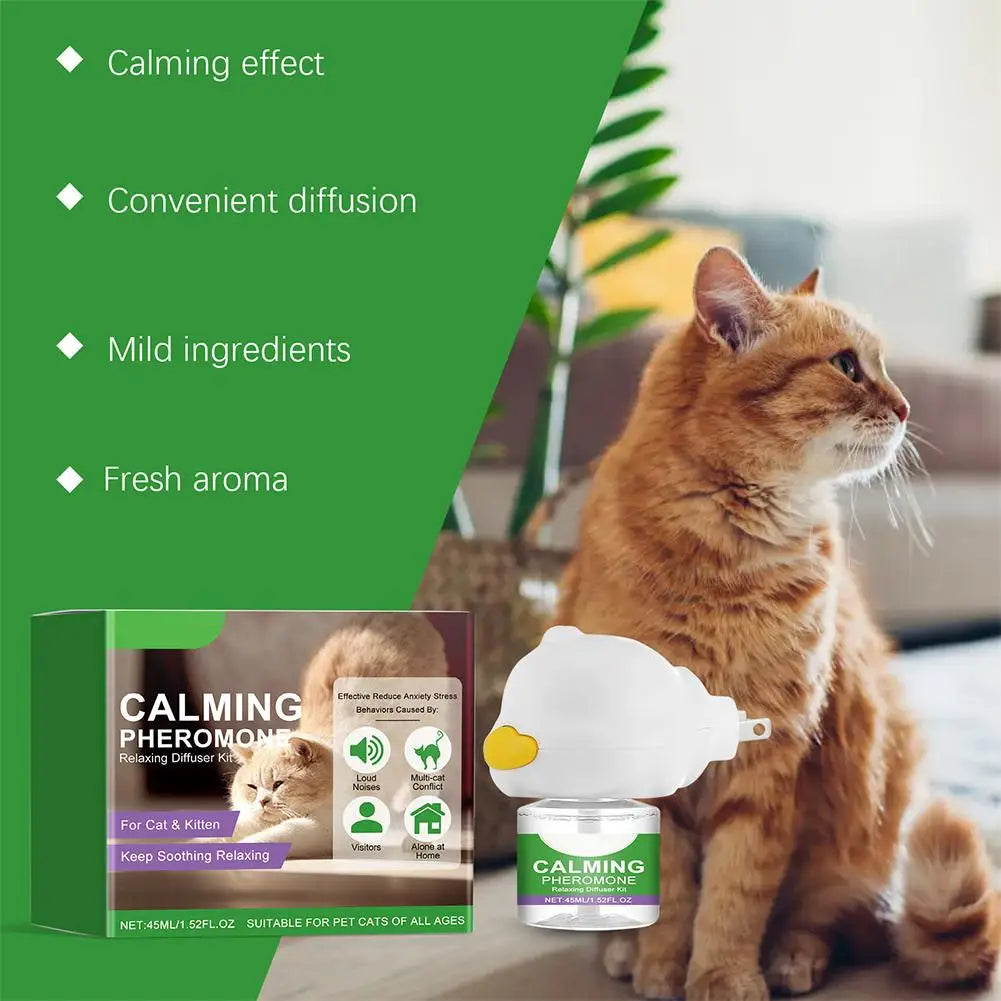 Un gato de jengibre está sentado junto a un difusor de feromonas calmantes para mascotas.