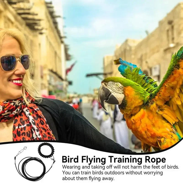 A parrot is shown next to a woman, demonstrating the Bird Flying Training Rope.
