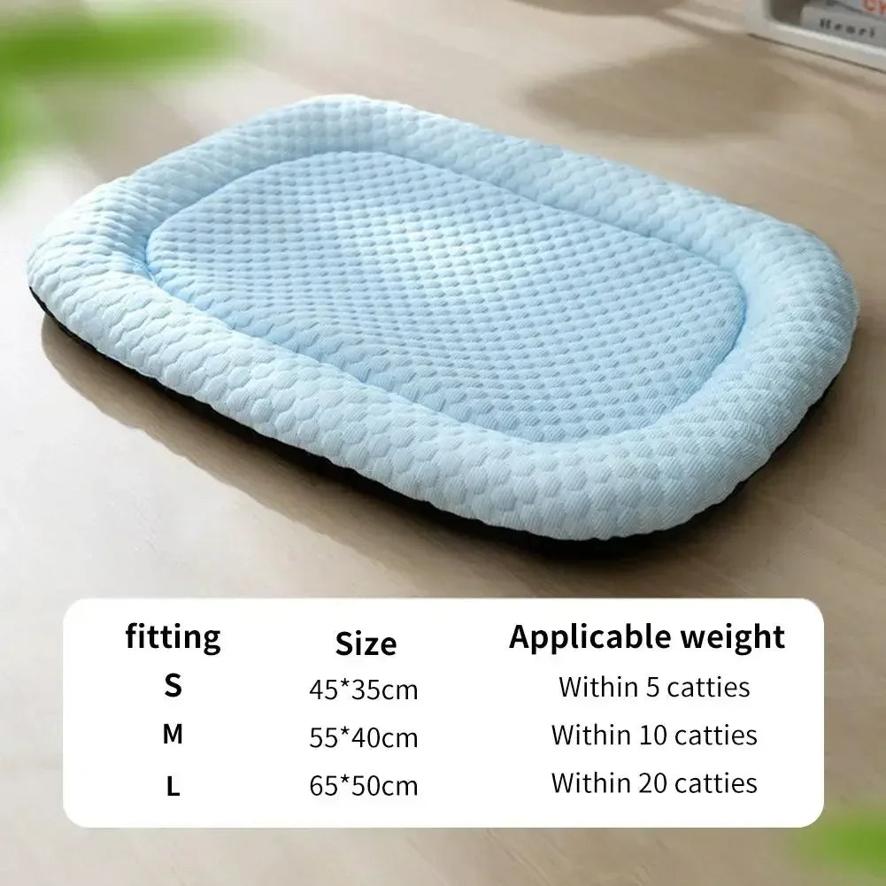 Light blue ice silk cooling pet bed for dogs and cats with size options S M L