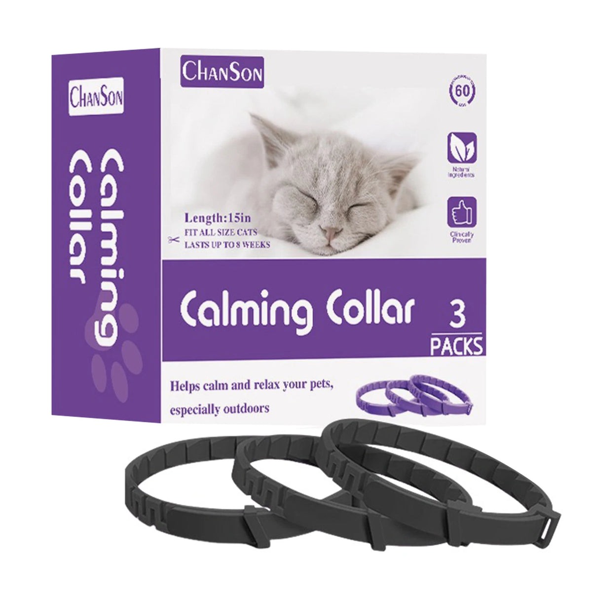 Box of Calming Collar pheromone collars with three packs and several black collars shown.