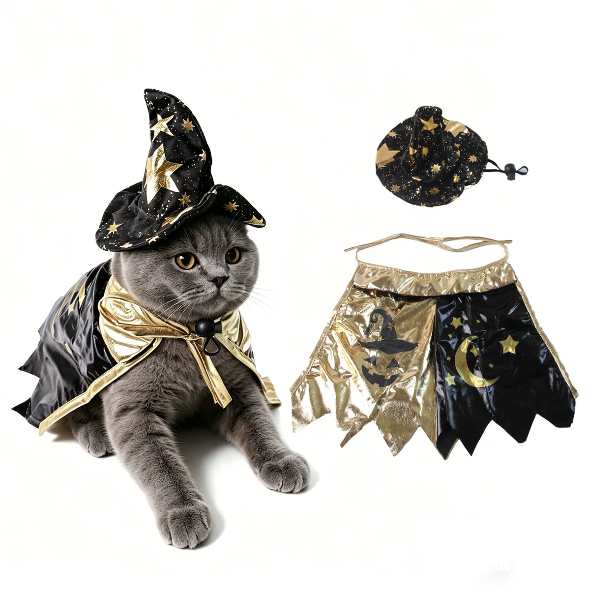 A black and gold witch costume set for cats featuring a hat, cape, and accessories.