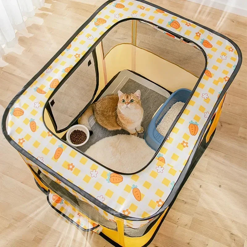 A folding cozy cat tent bed with a yellow and orange patterned fabric and a plush mat, featuring a clear window.