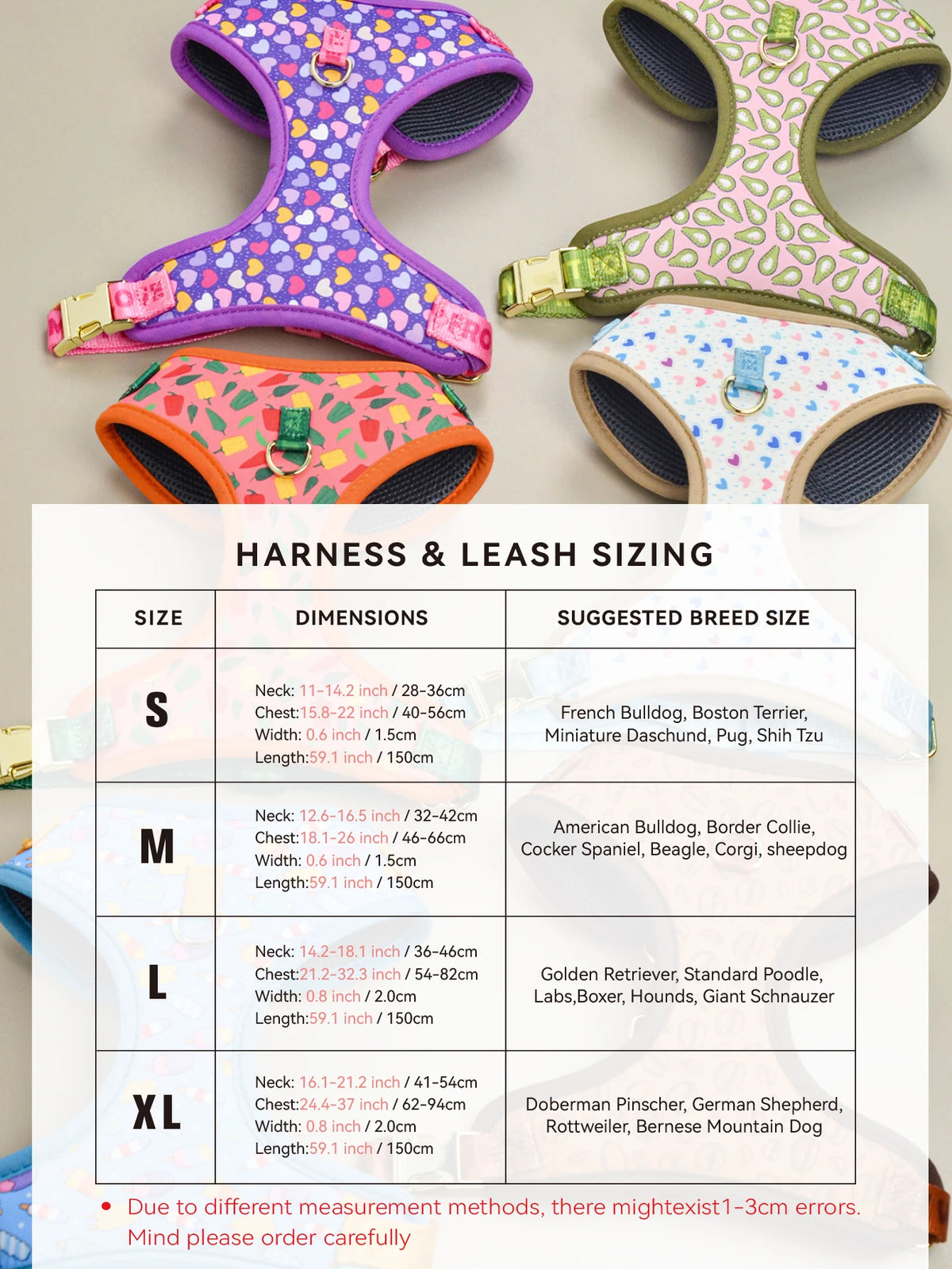 A set of purple and pink pet harnesses and leashes for dogs, shown with sizing information.