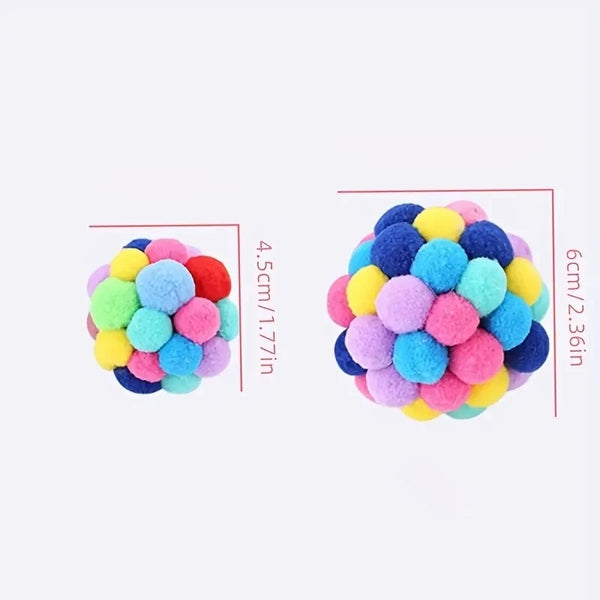 A set of nine colorful, fuzzy cat toy balls in various shades of blue, pink, and yellow.