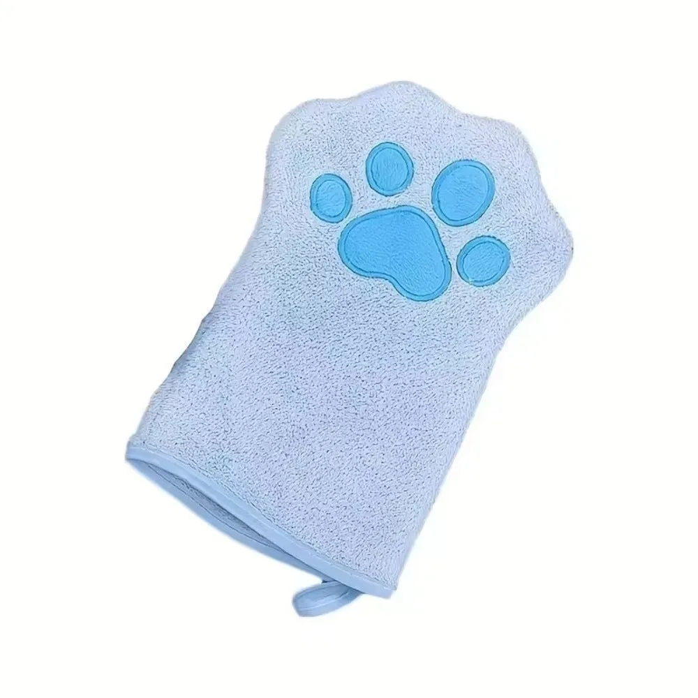 Light blue quick-dry pet bathing towel glove with a paw print design