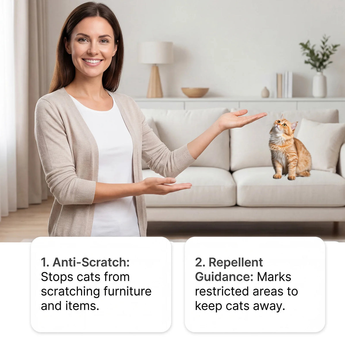 A woman is presenting a pet deterrent spray for furniture and carpets next to a cat on a sofa.