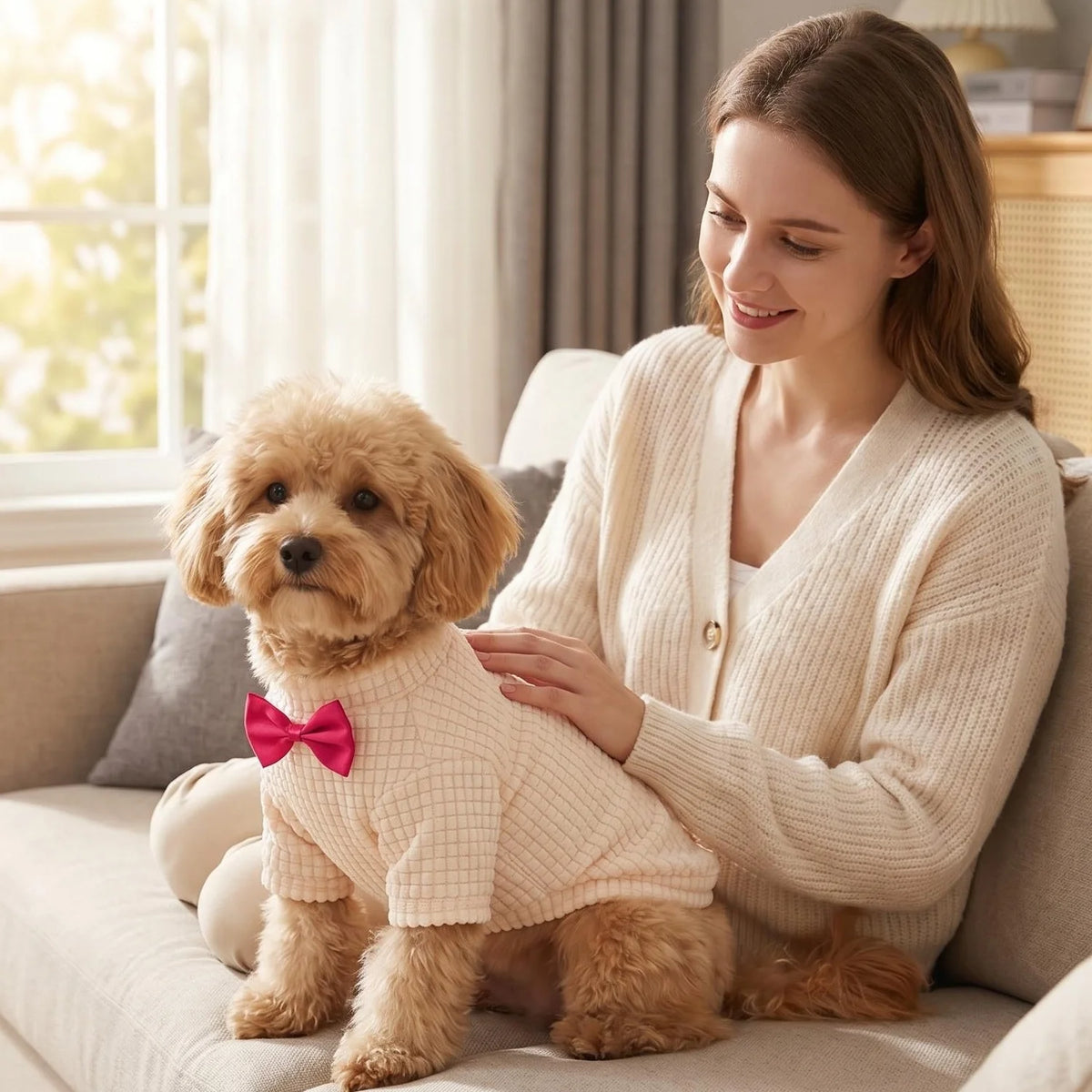 A woman is wearing a beige waffle knit dog sweater with a pink bowtie while sitting on a sofa with a golden retriever puppy.
