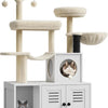 A large cat tree with multiple scratching posts and a cabinet designed to hide a litter box.