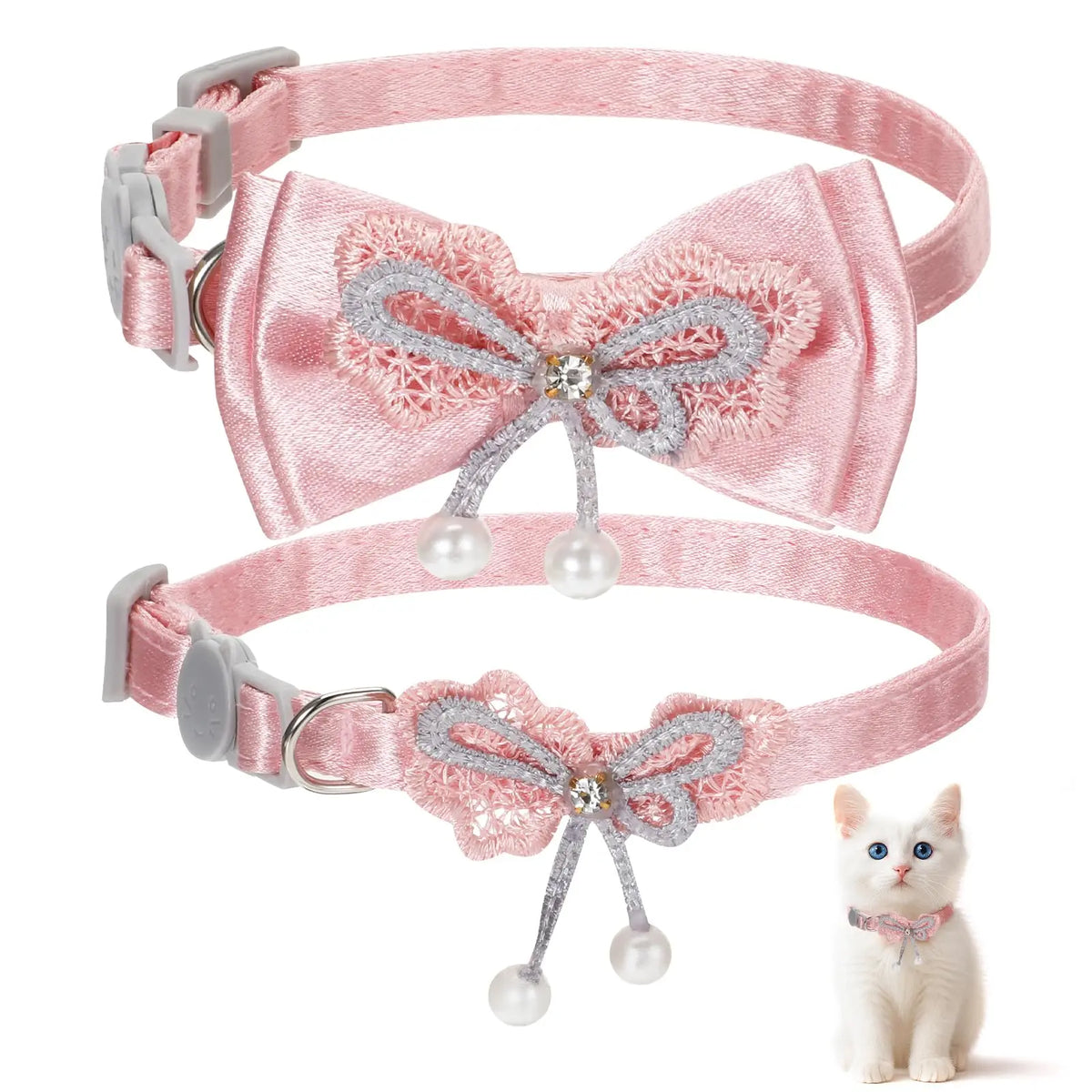 Pink satin cat collar with a decorative bow and silver safety buckle