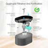 A black automatic cat water fountain with a T-water faucet, pump holder, and pre-filter sponge.