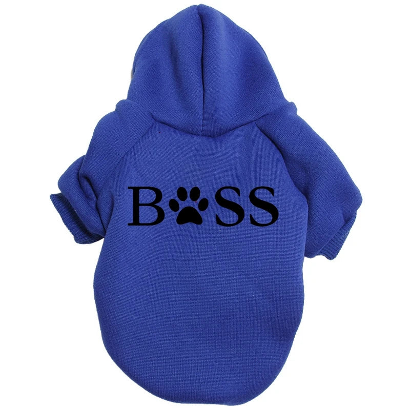 A royal blue fleece hoodie with the word BOSS embroidered on the back, shown from the rear.