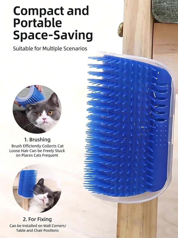 A blue silicone cat grooming brush is shown next to a wooden surface, illustrating its use for brushing and fixing cats.