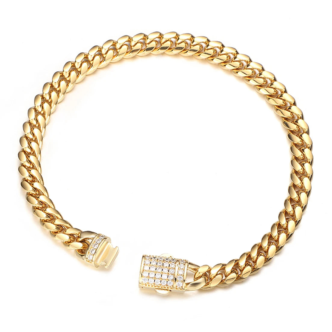 A gold-toned stainless steel curb chain bracelet displayed against a white background.