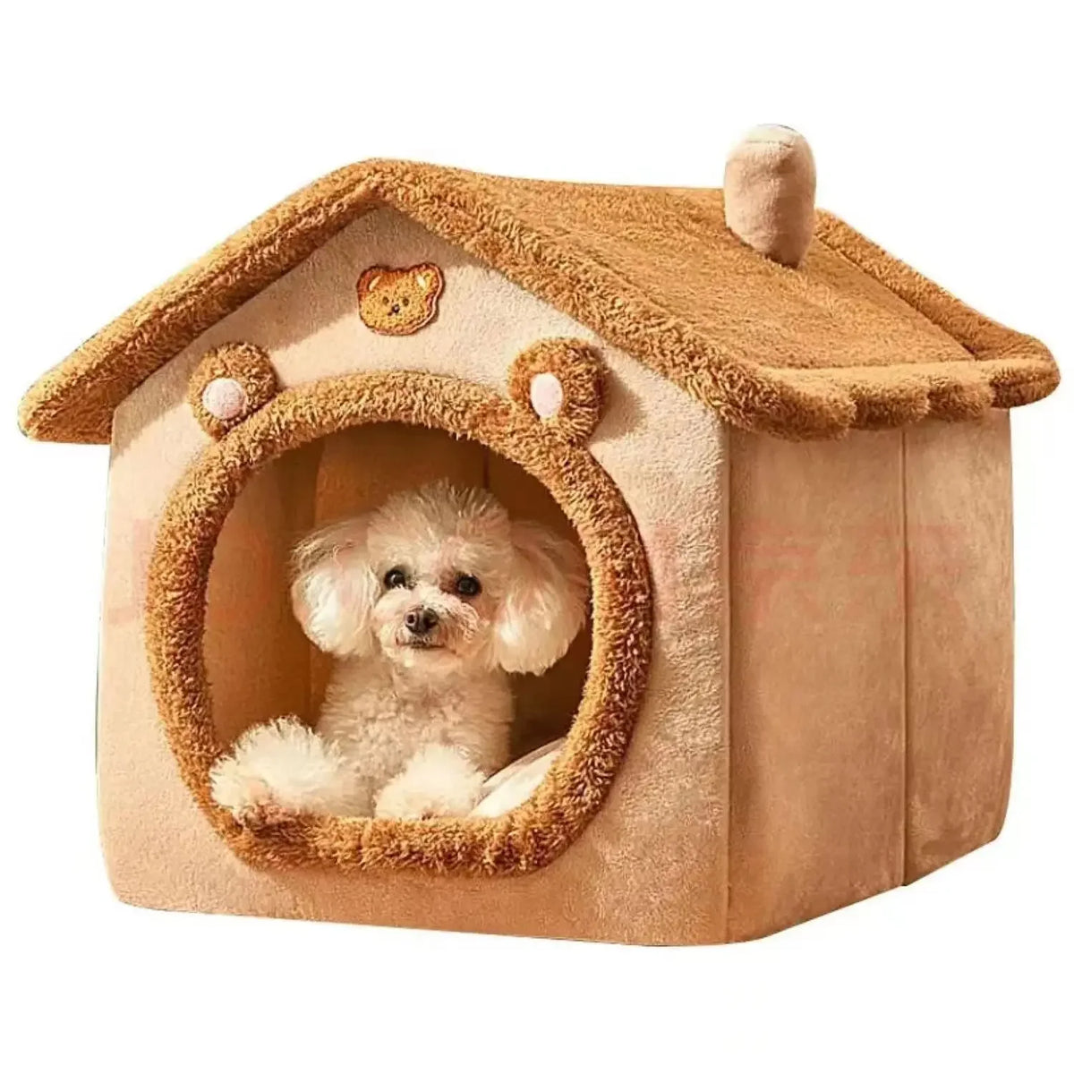 Un chien moelleux est visible à l'intérieur d'une tente pour animaux ronde avec fenêtre, faite de tissu beige et de fausse fo