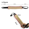 A jute tug of war toy for dog training featuring a striped fabric and black handles.