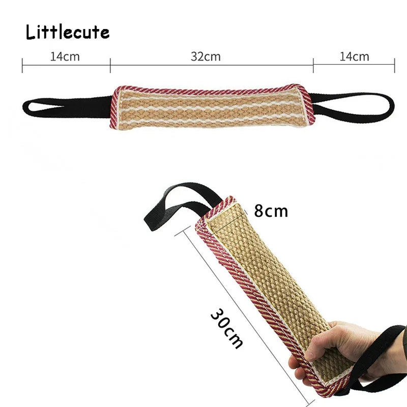 A jute tug of war toy for dog training featuring a striped fabric and black handles.