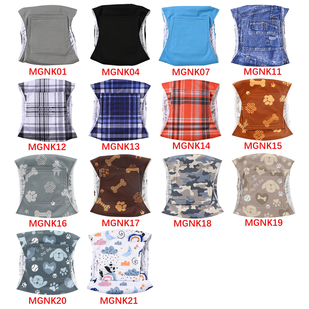 A grid of 21 reusable adjustable belly bands for male dogs in various patterns and colors.