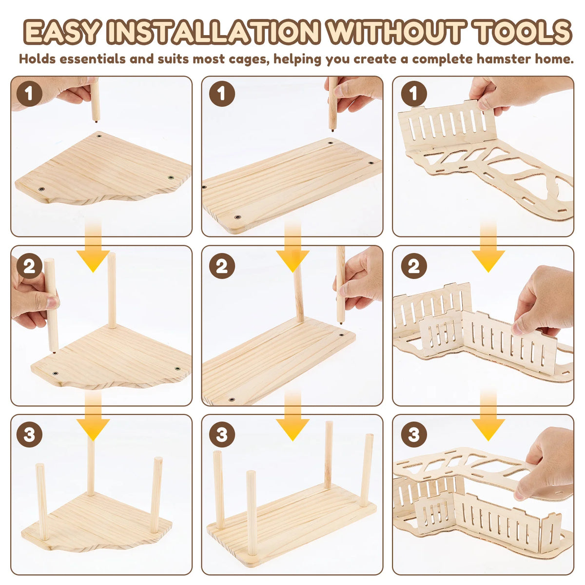 Instructions montrent comment installer facilement un ensemble d'escalade en bois naturel pour hamsters de compagnie.