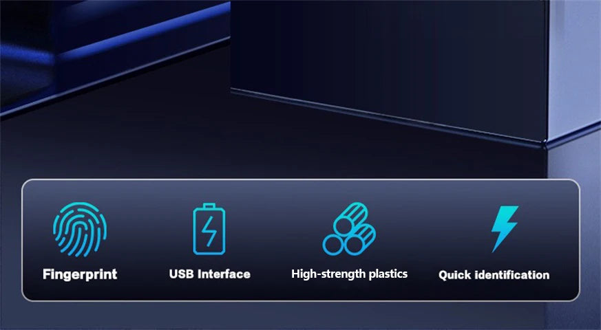 A dark electronic device showing features like fingerprint recognition, USB interface, high-strength plastics, and quick iden
