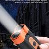 Eine Hand hält ein orange-schwarzes LED-Spotlight-Gerät und demonstriert dessen Verwendung für Außenbeleuchtung.