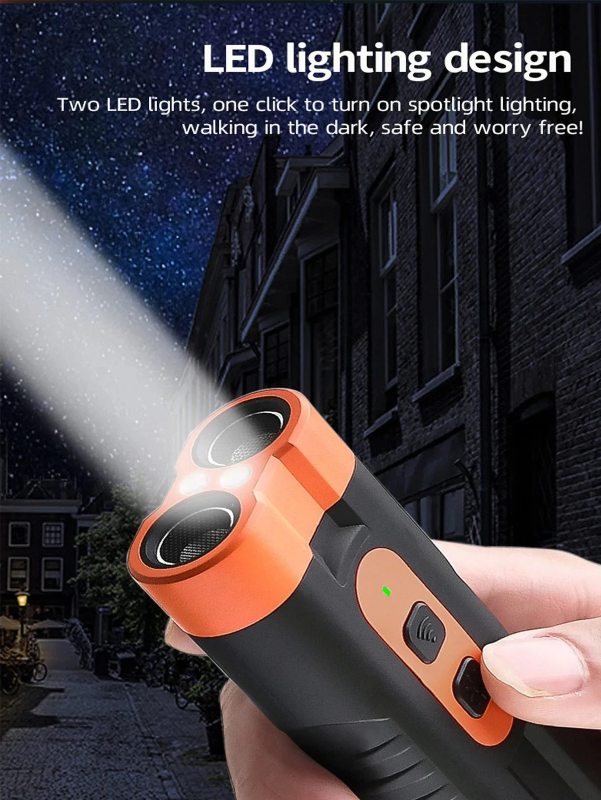 Eine Hand hält ein orange-schwarzes LED-Spotlight-Gerät und demonstriert dessen Verwendung für Außenbeleuchtung.