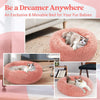 A fluffy pink pet bed designed for cats and dogs, shown in various angles.