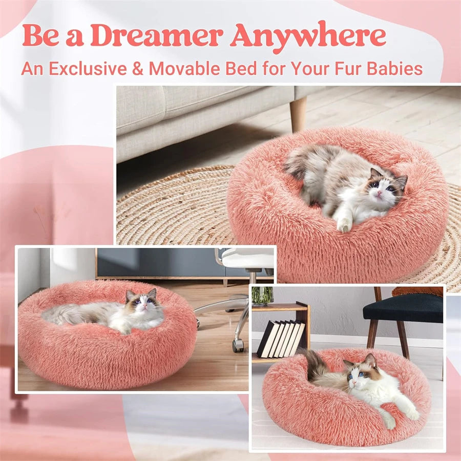 A fluffy pink pet bed designed for cats and dogs, shown in various angles.