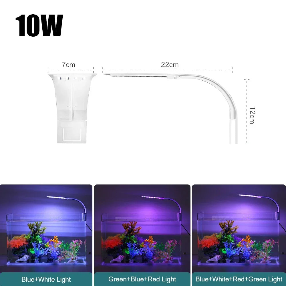 Slim clip-on LED aquarium light shown in various color options illuminating aquatic plants