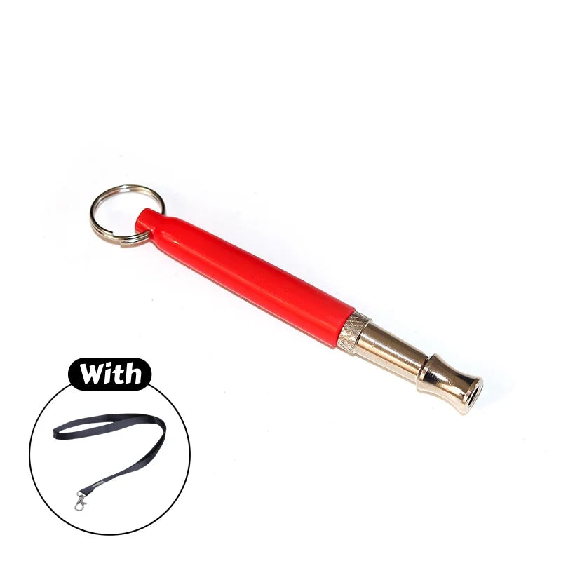 Red ultrasonic dog training whistle with a metal clip and attached lanyard