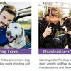 Images showing various uses of a pet pheromone calming collar for dogs including multiple pets, during travel, thunderstorm w