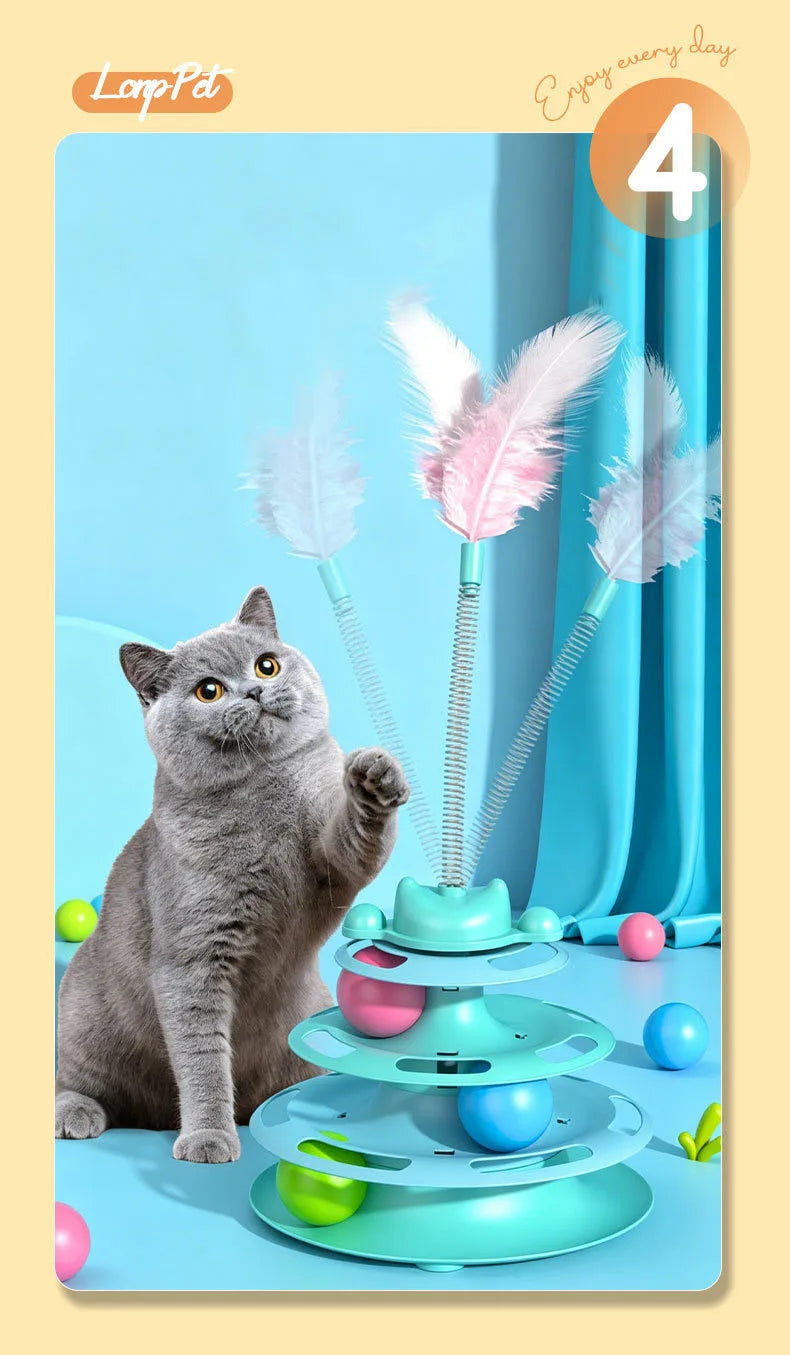 Interactive Cat Turntable Toy with Feather Wand and Rolling Ball