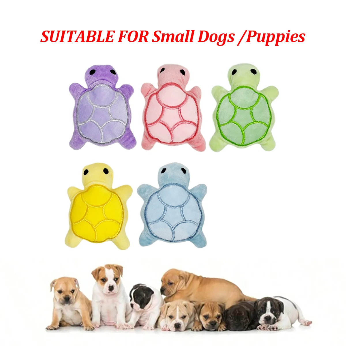 Eine Sammlung farbenfroher Mini-Schildkröten-Spielzeuge aus Plüsch für kleine Hunde und Welpen.