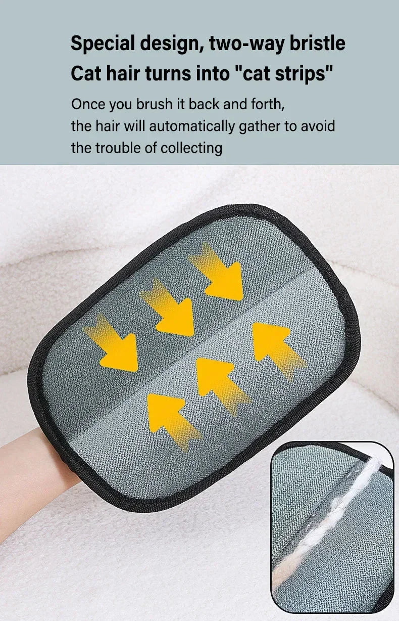 Nahaufnahme eines grauen Tierhaar-Entfernungshandschuhs mit Zwei-Wege-Borsten, der Haare in Streifen sammelt.