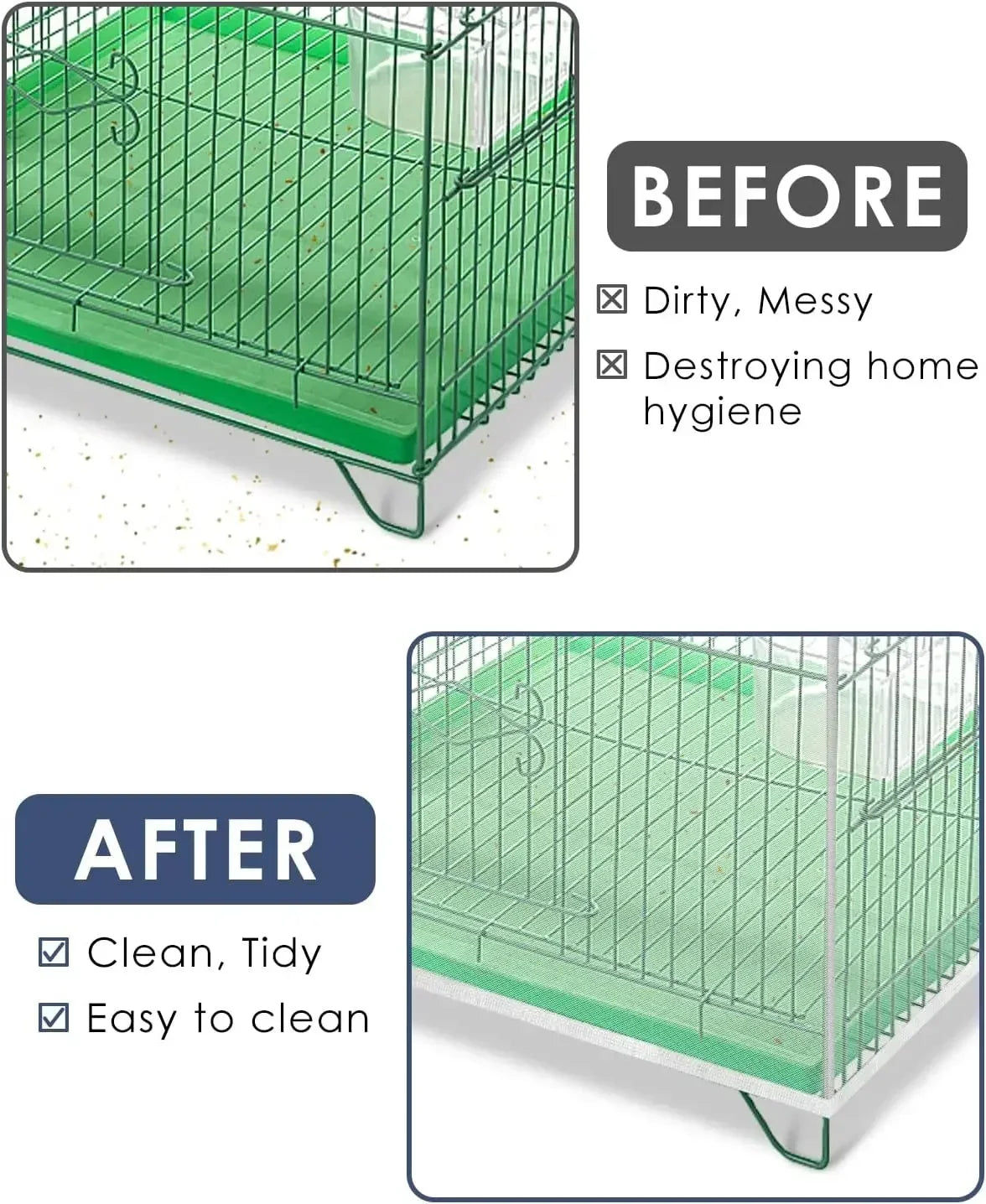 Before and after comparison of a bird cage seed catcher net showing the transition from dirty to clean and tidy.