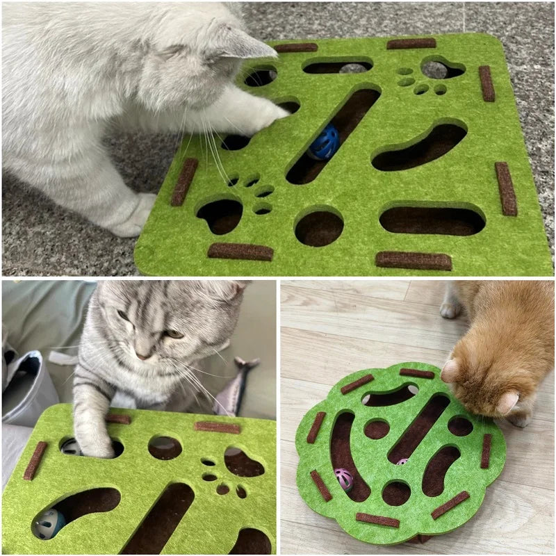 Un puzzle en forme de labyrinthe avec des trous et une cloche bleue, utilisé par un chat gris.
