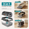 A 3-in-1 convertible stainless steel cat litter box shown in three configurations: open, semi-enclosed, and fully-enclosed.