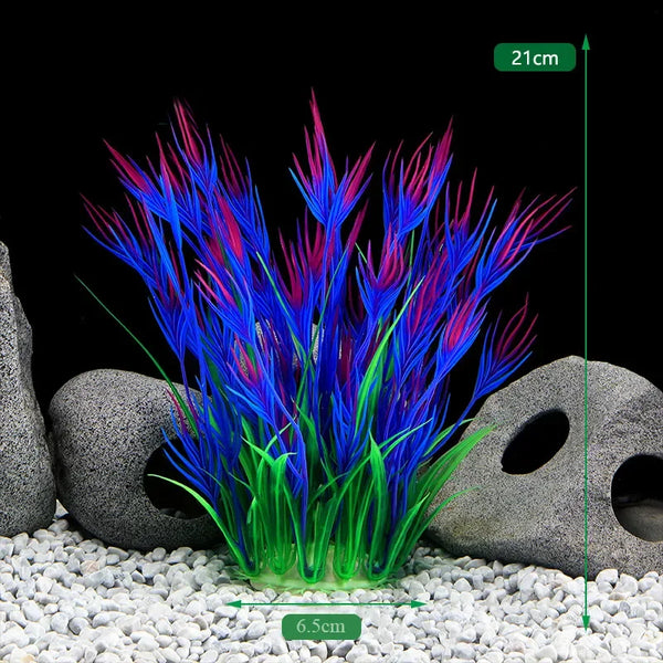 Realistic artificial aquarium plant with vibrant blue and purple foliage growing from a ceramic base on white gravel.