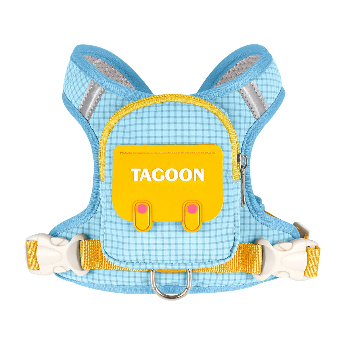 Light blue pet backpack harness with a yellow tag and gray padding