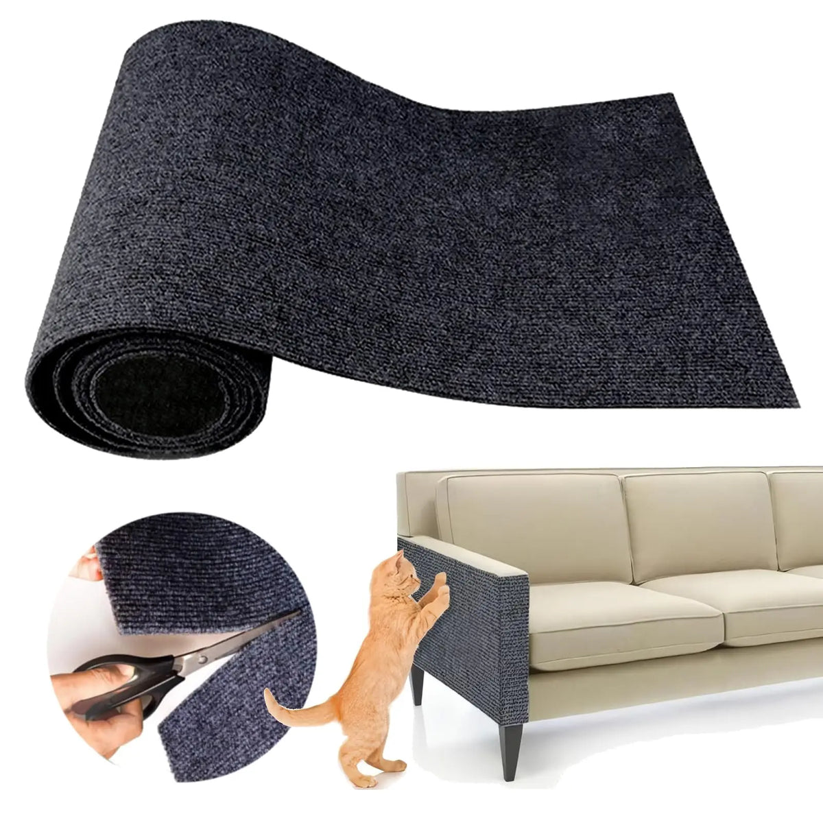 Una alfombra protectora autoadhesiva gris oscuro para arañazos de gato enrollada y un gato interactuando con ella.
