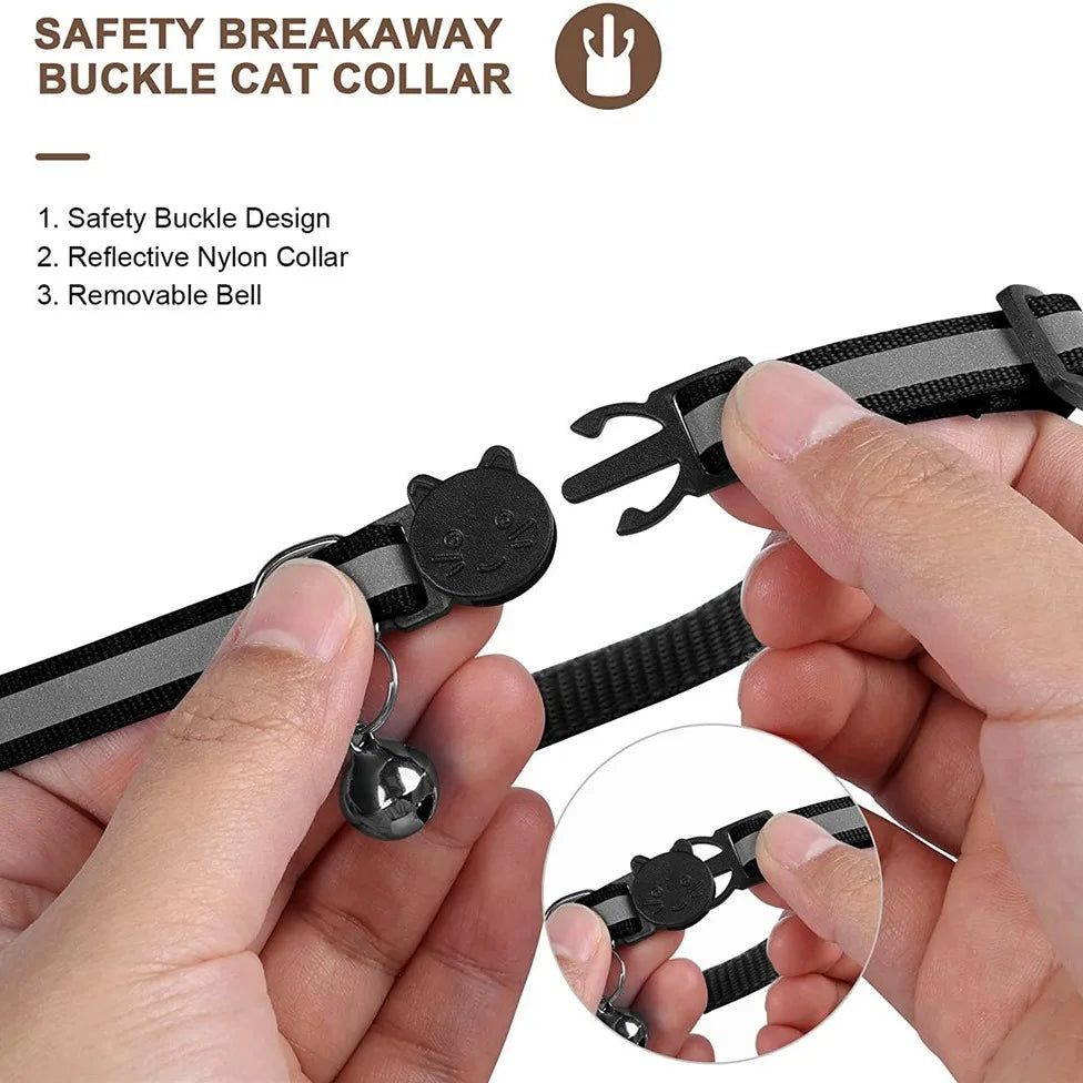Hands demonstrate the safety breakaway buckle cat collar featuring a reflective nylon collar and removable bell.
