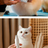 A person is using a cordless electric pet nail grinder with an LED light and polishing wheel on a white cat's paw.