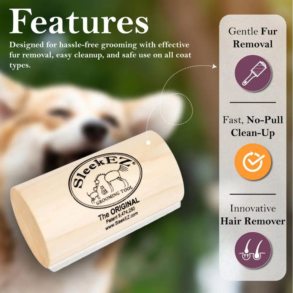 A wooden grooming tool is shown next to a dog, demonstrating features like fur removal and easy clean-up.