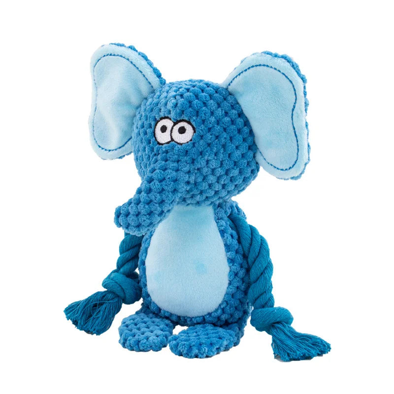 A blue plush animal toy resembling an elephant with large ears and a rope texture.